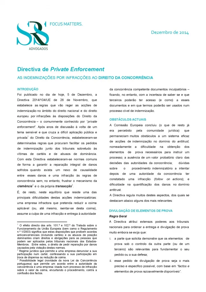 Nota Informativa | Directiva de Private Enforcement - As Indemnizações por infracções ao Direito da Concorrência