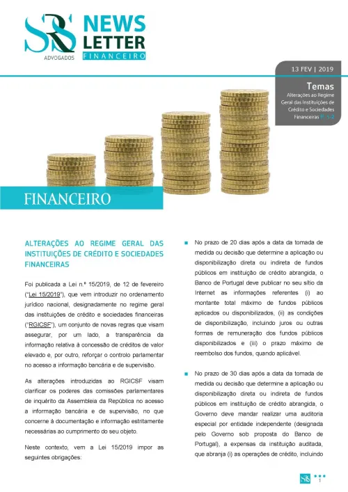 Newsletter | Alterações ao Regime Geral das Instituições de Crédito e Sociedades Financeiras