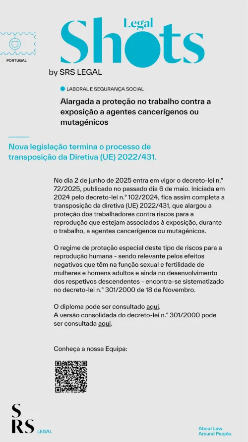SRS Legal Shots: Alargada a proteção no trabalho contra a exposição a agentes cancerígenos ou mutagénicos