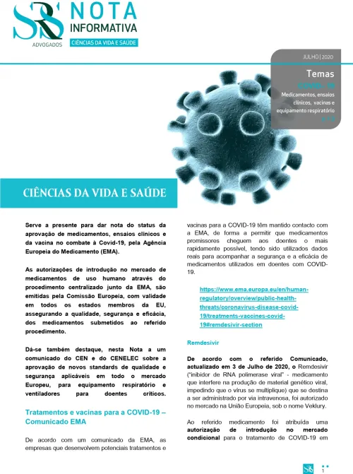 Nota Informativa | COVID–19 - Medicamentos, ensaios clínicos, vacinas e equipamento respiratório