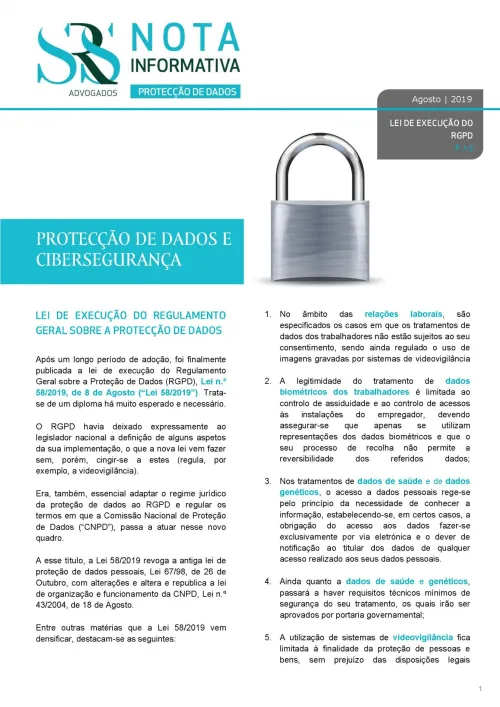 Nota Informativa | Lei da Execução do Regulamento Geral sobre a Protecção de Dados