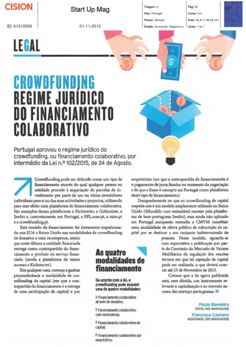 Paulo Bandeira e Francisco Martins Caetano assinam artigo sobre Crowdfunding - Regime jurídico do financiamento corporativo