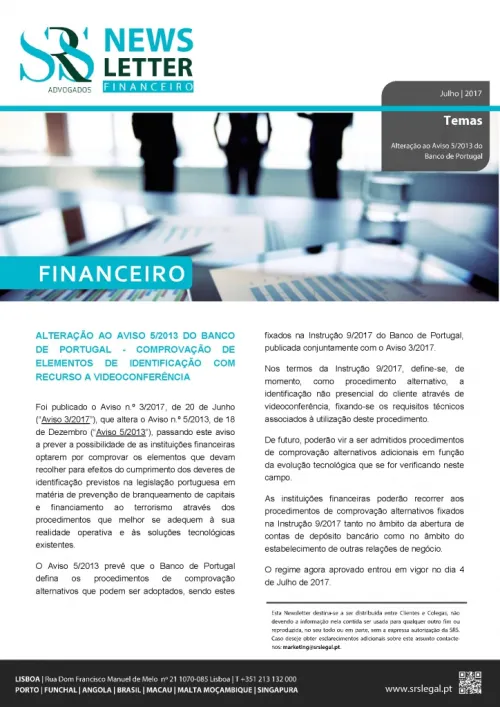 Newsletter Financeiro | Alteração ao Aviso 5/2013 do Banco de Portugal
