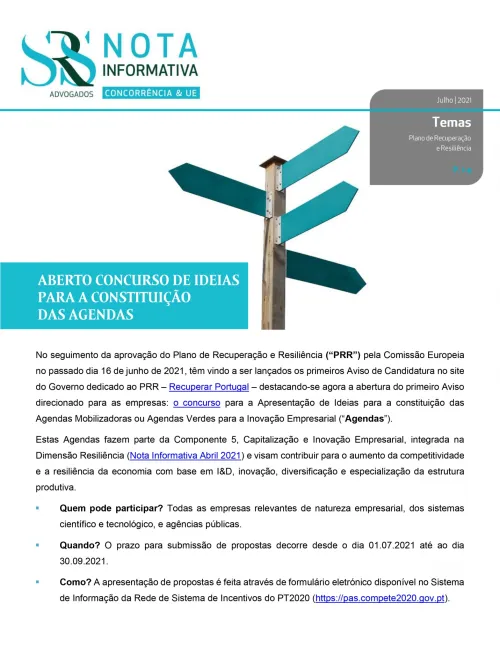 Nota Informativa | Plano de Recuperação e Resiliência | ABERTO CONCURSO DE IDEIAS PARA A CONSTITUIÇÃO DAS AGENDAS