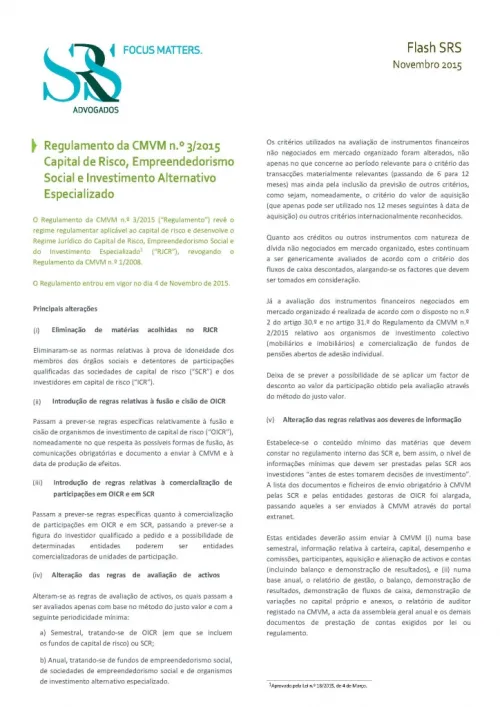 Flash | Regulamento da CMVM n.º 3/2015 â Capital de Risco, Empreendedorismo Social e Investimento Alternativo Especializado