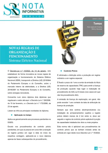 Nota Informativa | Novas regras de organização e funcionamento do Sistema Elétrico Nacional