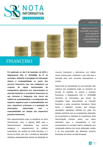 Nota Informativa | Regulamento (UE) n.º 2019/2088: novas regras de divulgação de informação sobre sustentabilidade no sector financeiro