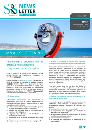 Newsletter M&A | Financiamento colaborativo de capital e por empréstimo | Regulamento da CMVM n.º 1/2016