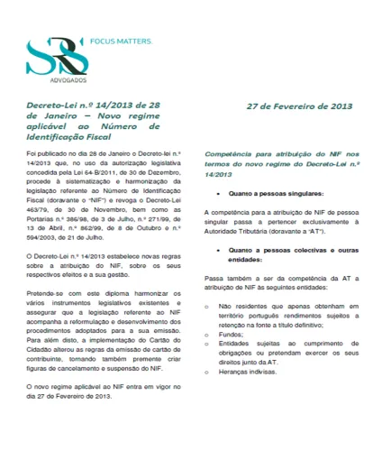 Decreto-Lei n-º 14/2013 de 18 de Janeiro - Novo regime aplicável ao Número de Identificação Fiscal